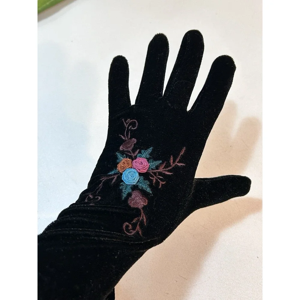 Vintage Black Velvet Gloves – Floral Embroidery Whimsygoth Victorian Cosplay